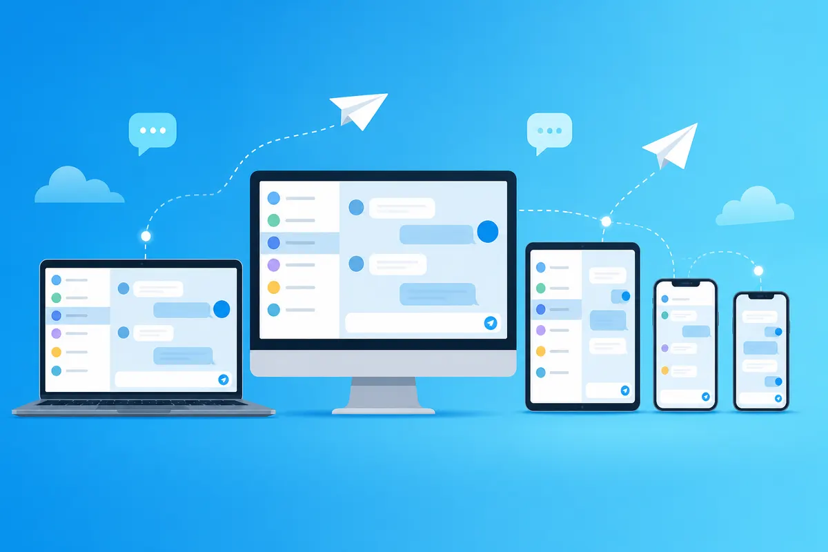 Telegram installers for Windows, macOS, Android, iPhone and the browser client side by side