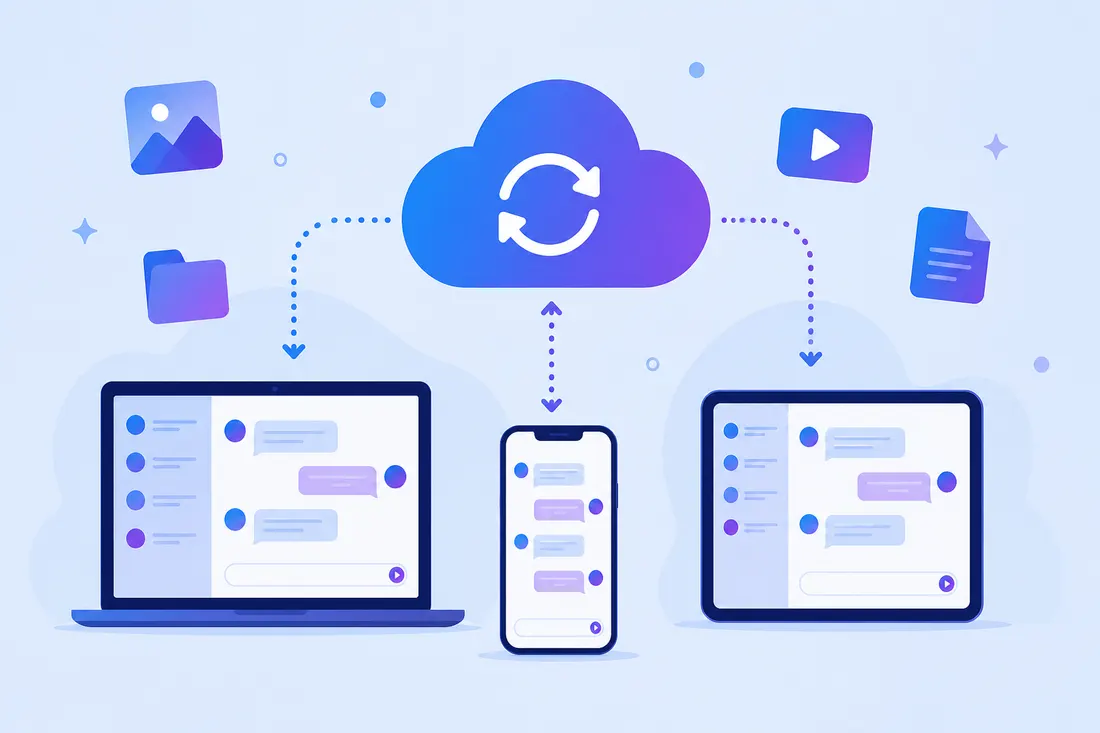 Telegram cloud sync across laptop, smartphone and tablet with shared chat history